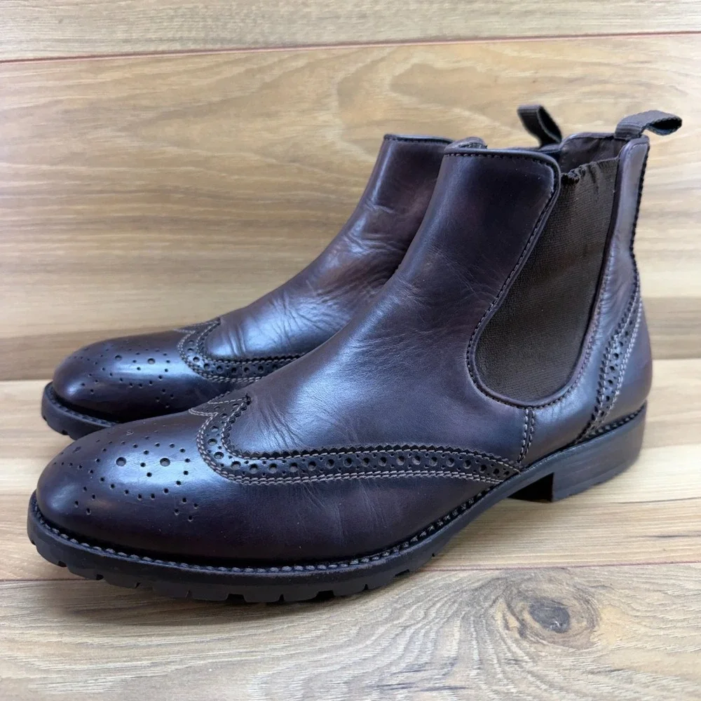 CANALI Wingtip Medallion Chelsea Boots Mens 8.5 EU 41.5 FLAWED Brown Leather Lug